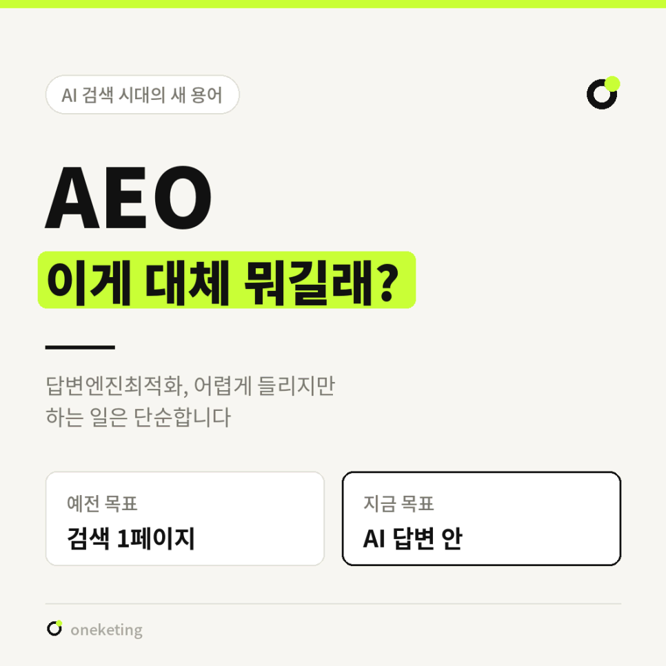 AEO 이게 대체 뭐길래라는 제목 아래 예전 목표는 검색 1페이지, 지금 목표는 AI 답변 안이라고 나란히 적은 표지 이미지