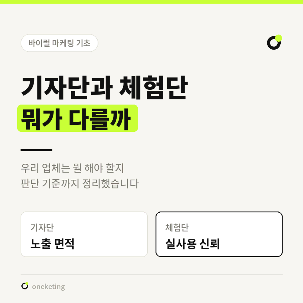 기자단은 노출 면적, 체험단은 실사용 신뢰라고 두 상자로 나눠 적은 표지 이미지