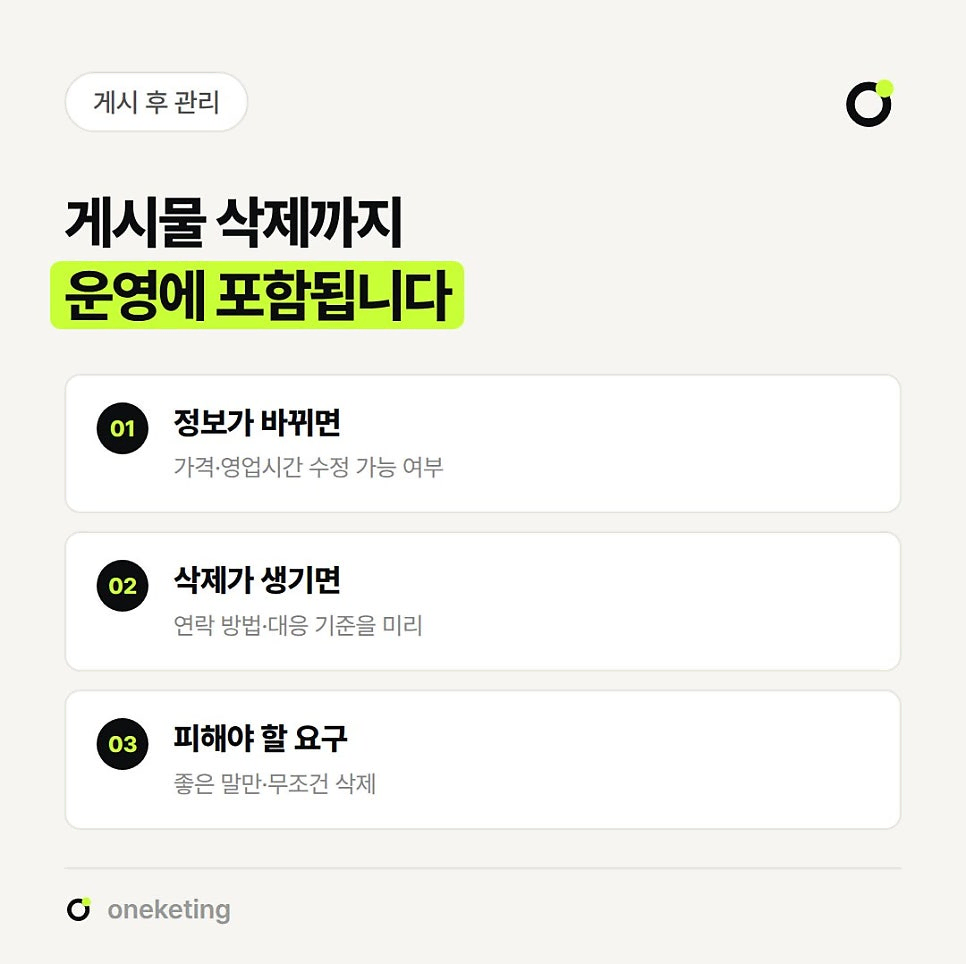 게시물 삭제까지 운영에 포함된다며 정보가 바뀌면 수정 가능 여부, 삭제가 생기면 연락 방법과 대응 기준, 피해야 할 요구 세 가지를 번호를 붙여 정리한 이미지