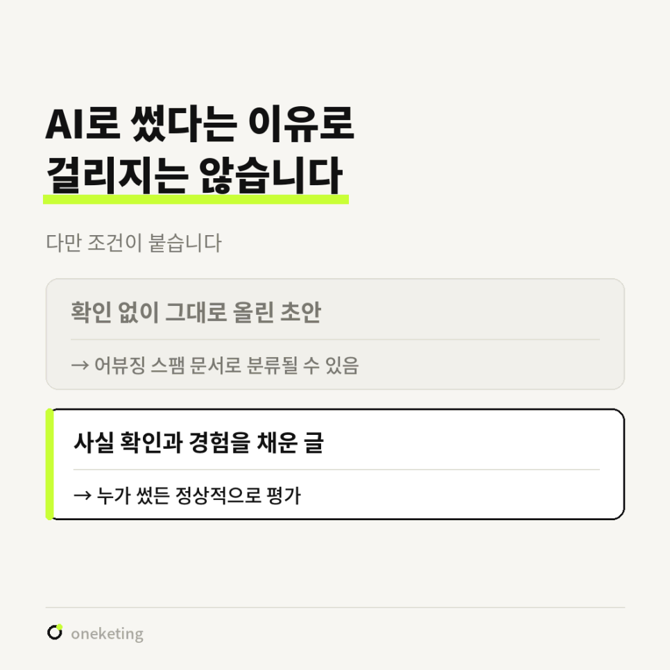 AI로 썼다는 이유로 걸리지는 않는다며 확인 없이 그대로 올린 초안은 어뷰징 스팸 문서로 분류될 수 있고, 사실 확인과 경험을 채운 글은 누가 썼든 정상적으로 평가된다고 비교한 이미지