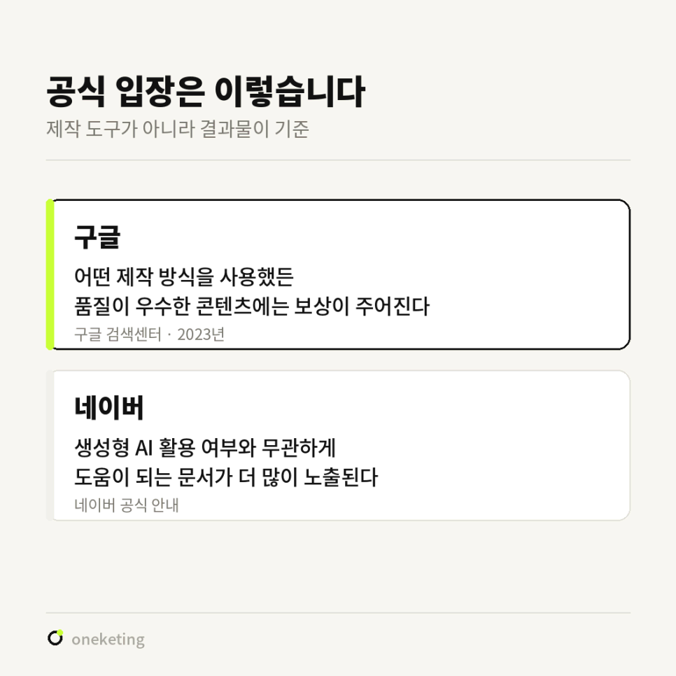 공식 입장은 제작 도구가 아니라 결과물이 기준이라며 구글 검색센터가 2023년에 밝힌 어떤 제작 방식을 사용했든 품질이 우수한 콘텐츠에는 보상이 주어진다는 입장과 생성형 AI 활용 여부와 무관하게 도움이 되는 문서가 더 많이 노출된다는 네이버 공식 안내를 나란히 정리한 이미지