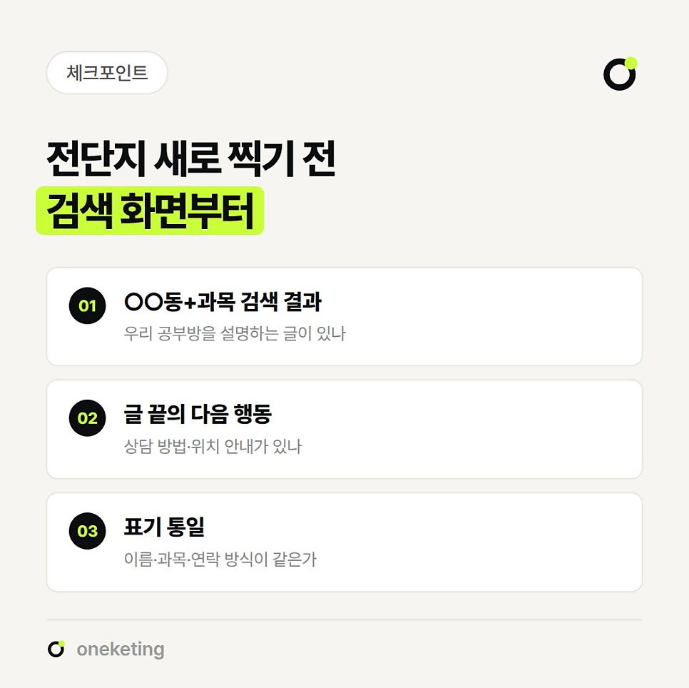 전단지를 새로 찍기 전 검색 화면부터 보라며 ○○동+과목 검색 결과에 공부방을 설명하는 글이 있나, 글 끝에 상담 방법·위치 안내가 있나, 이름·과목·연락 방식 표기가 같은가를 번호를 붙여 정리한 이미지