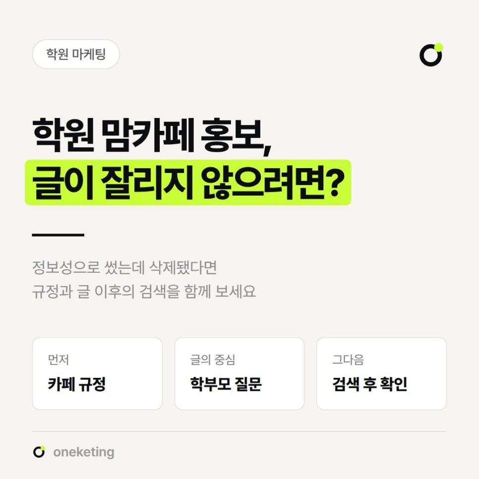 학원 맘카페 홍보는 먼저 카페 규정, 글의 중심은 학부모 질문, 그다음 검색 후 확인이라고 세 칸으로 나눠 적은 표지 이미지