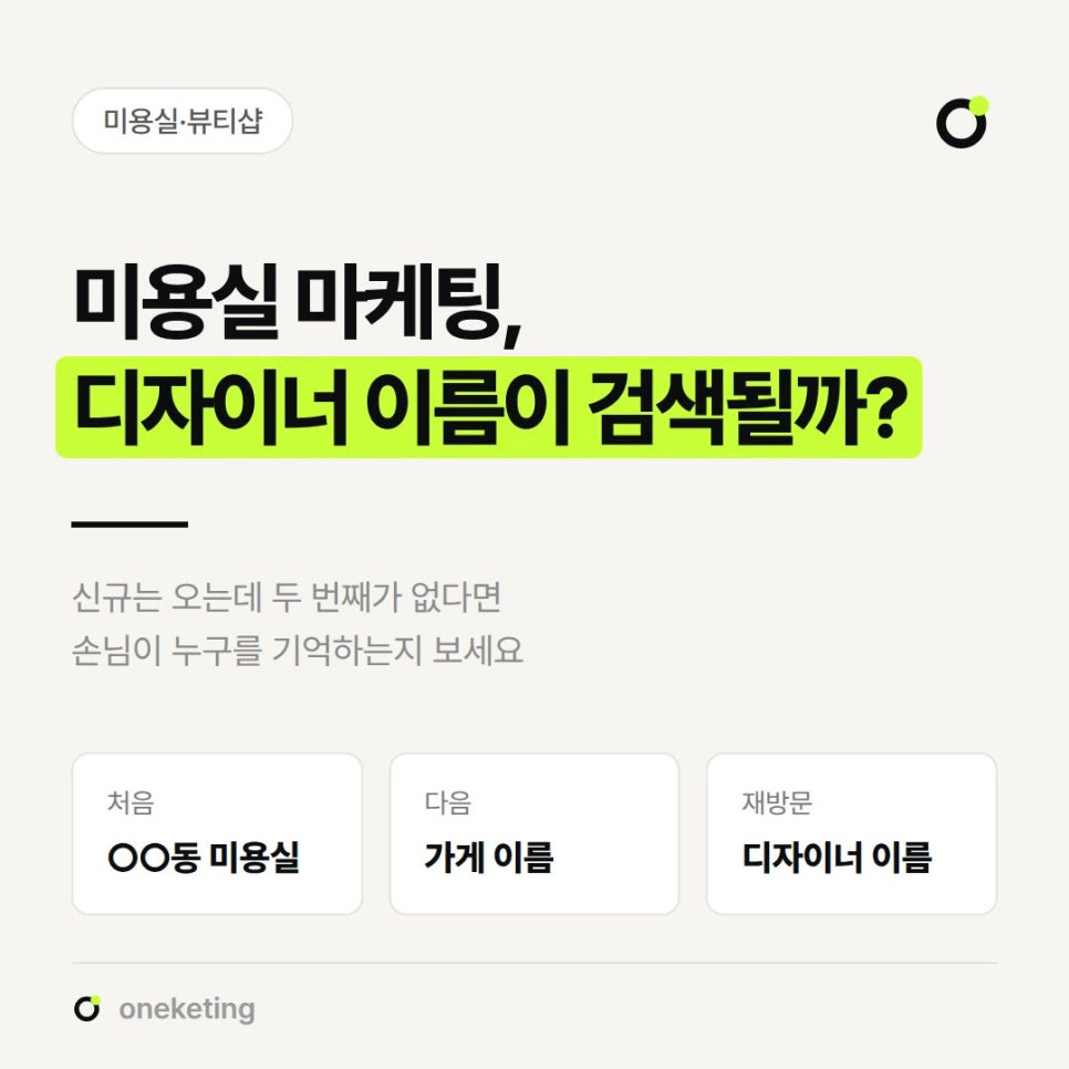 미용실 마케팅, 디자이너 이름이 검색될까라는 제목 아래 처음에는 ○○동 미용실, 다음에는 가게 이름, 재방문 때는 디자이너 이름으로 검색어가 바뀌는 흐름을 세 칸으로 적은 표지 이미지