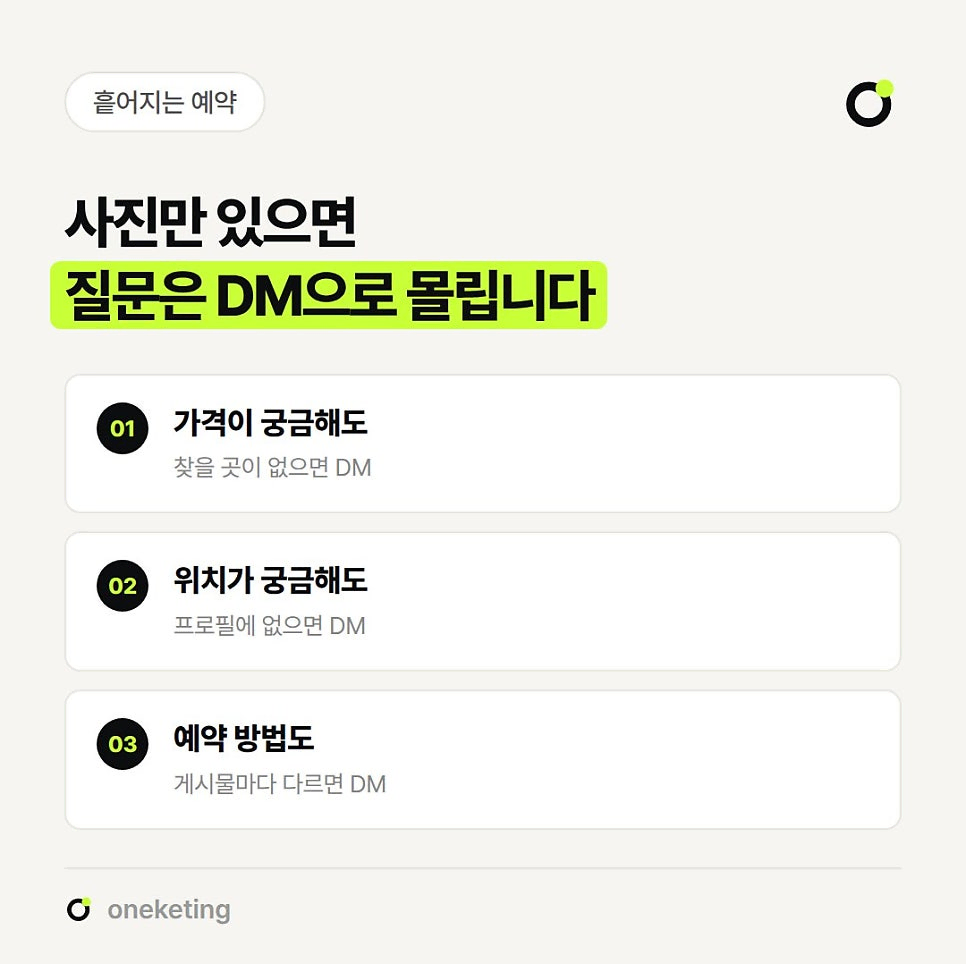 사진만 있으면 질문은 DM으로 몰린다며 찾을 곳이 없는 가격, 프로필에 없는 위치, 게시물마다 다른 예약 방법 세 가지를 번호를 붙여 정리한 이미지