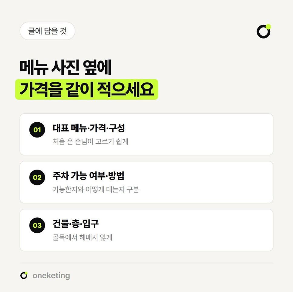 메뉴 사진 옆에 가격을 같이 적으라며 대표 메뉴·가격·구성, 주차 가능 여부·방법, 건물·층·입구 세 가지를 번호 붙여 정리한 이미지