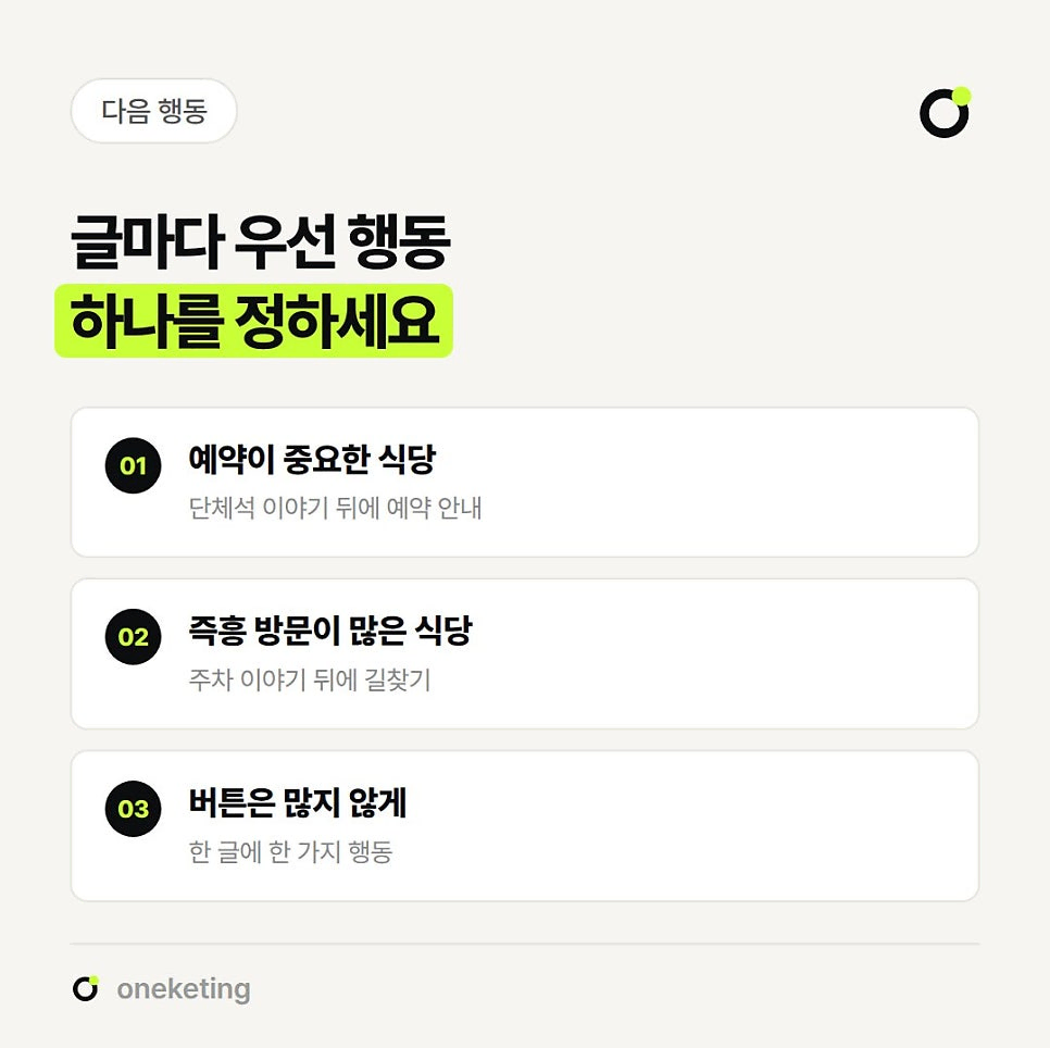 글마다 우선 행동 하나를 정하라며 예약이 중요한 식당은 예약 안내, 즉흥 방문이 많은 식당은 길찾기, 버튼은 한 글에 한 가지만 두라고 정리한 이미지