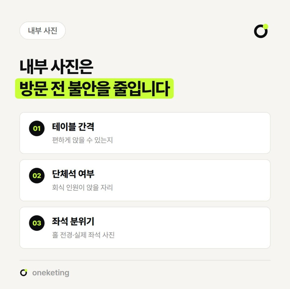 내부 사진은 방문 전 불안을 줄인다며 편하게 앉을 수 있는지 보이는 테이블 간격, 회식 인원이 앉을 자리가 있는지 보이는 단체석 여부, 홀 전경과 실제 좌석 사진으로 보이는 좌석 분위기 세 가지를 번호를 붙여 정리한 이미지