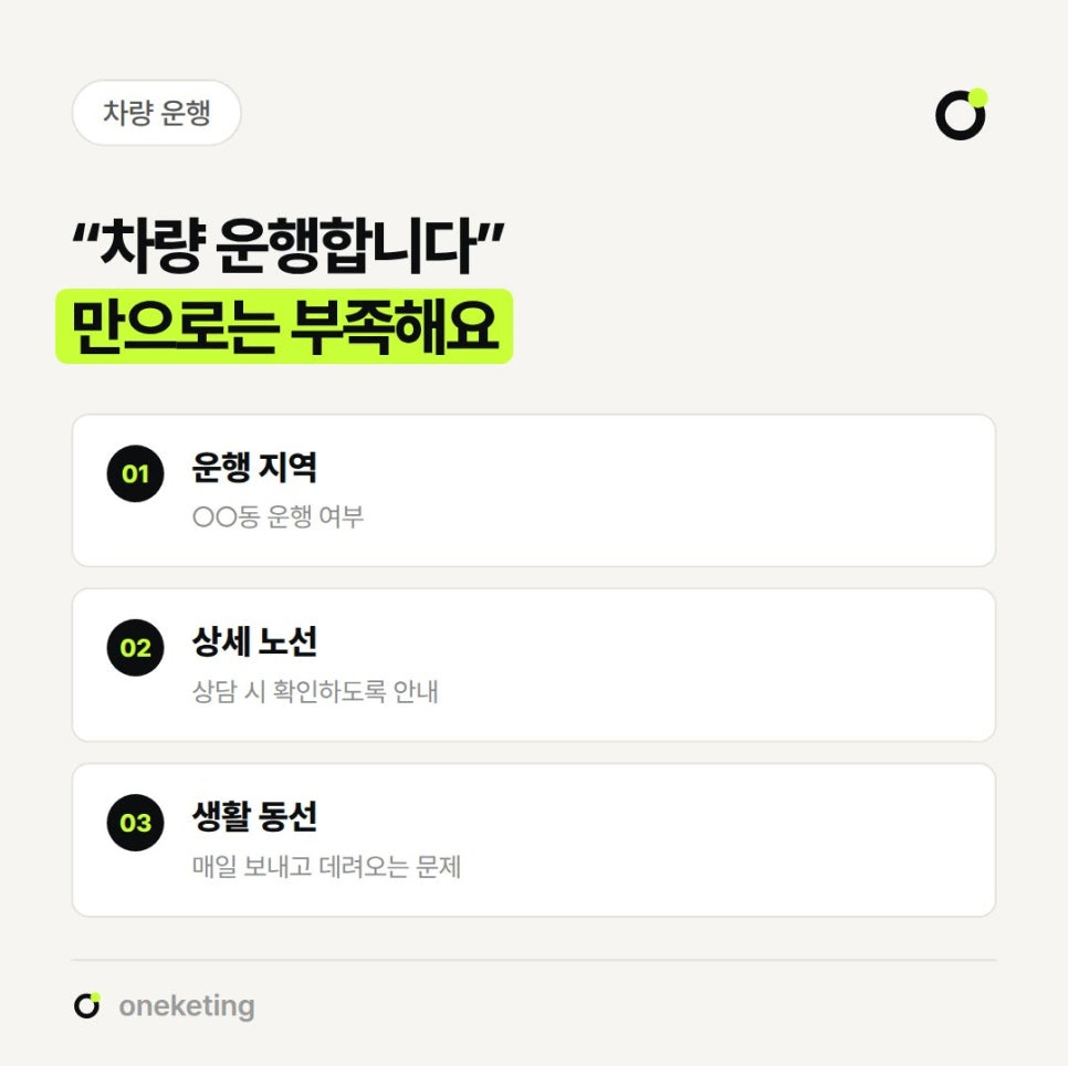 차량 운행합니다만으로는 부족하다며 ○○동 운행 여부 같은 운행 지역, 상담 시 확인하도록 안내하는 상세 노선, 매일 보내고 데려오는 생활 동선 세 가지를 번호를 붙여 정리한 이미지