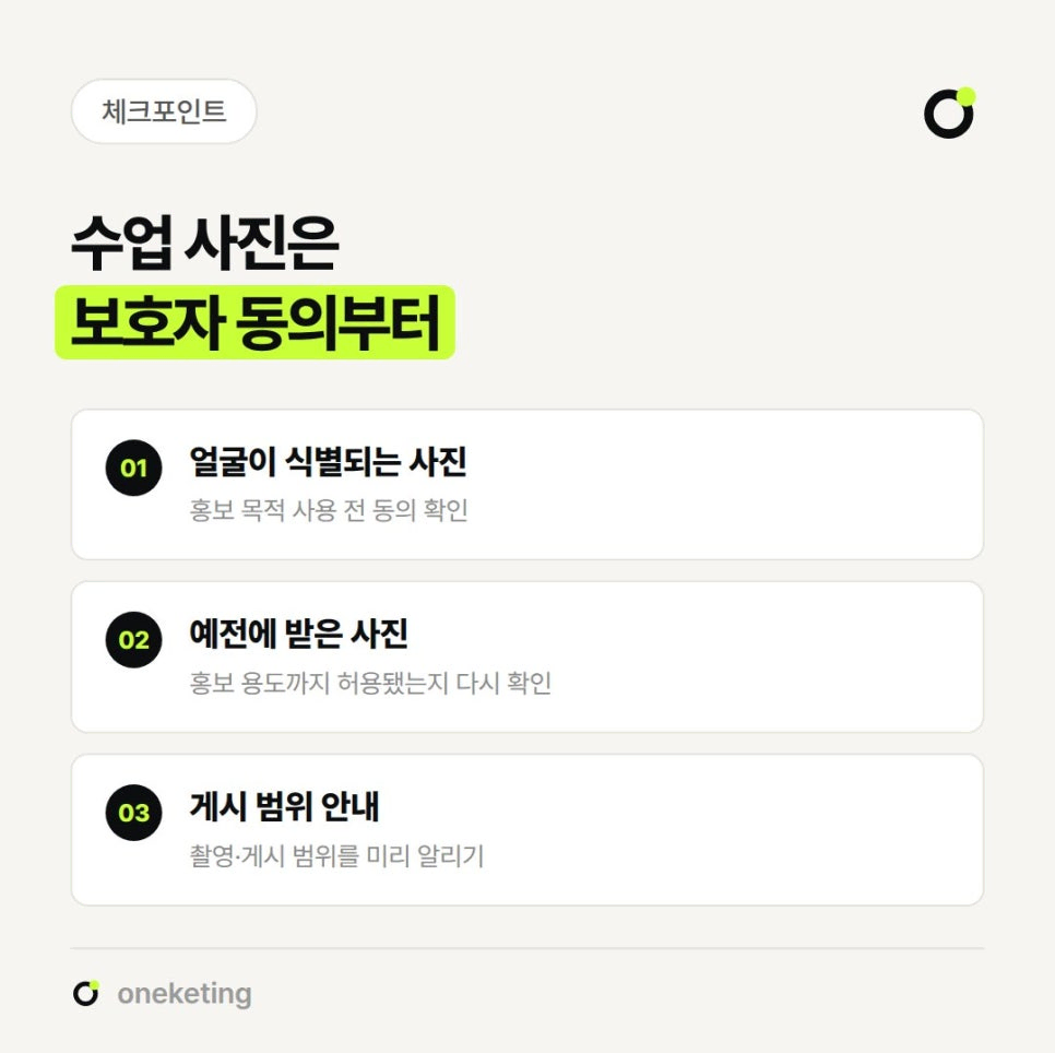 수업 사진은 보호자 동의부터라며 얼굴이 식별되는 사진은 홍보 목적 사용 전 동의 확인, 예전에 받은 사진은 홍보 용도까지 허용됐는지 다시 확인, 촬영·게시 범위는 미리 알리기 세 가지를 번호를 붙여 정리한 이미지